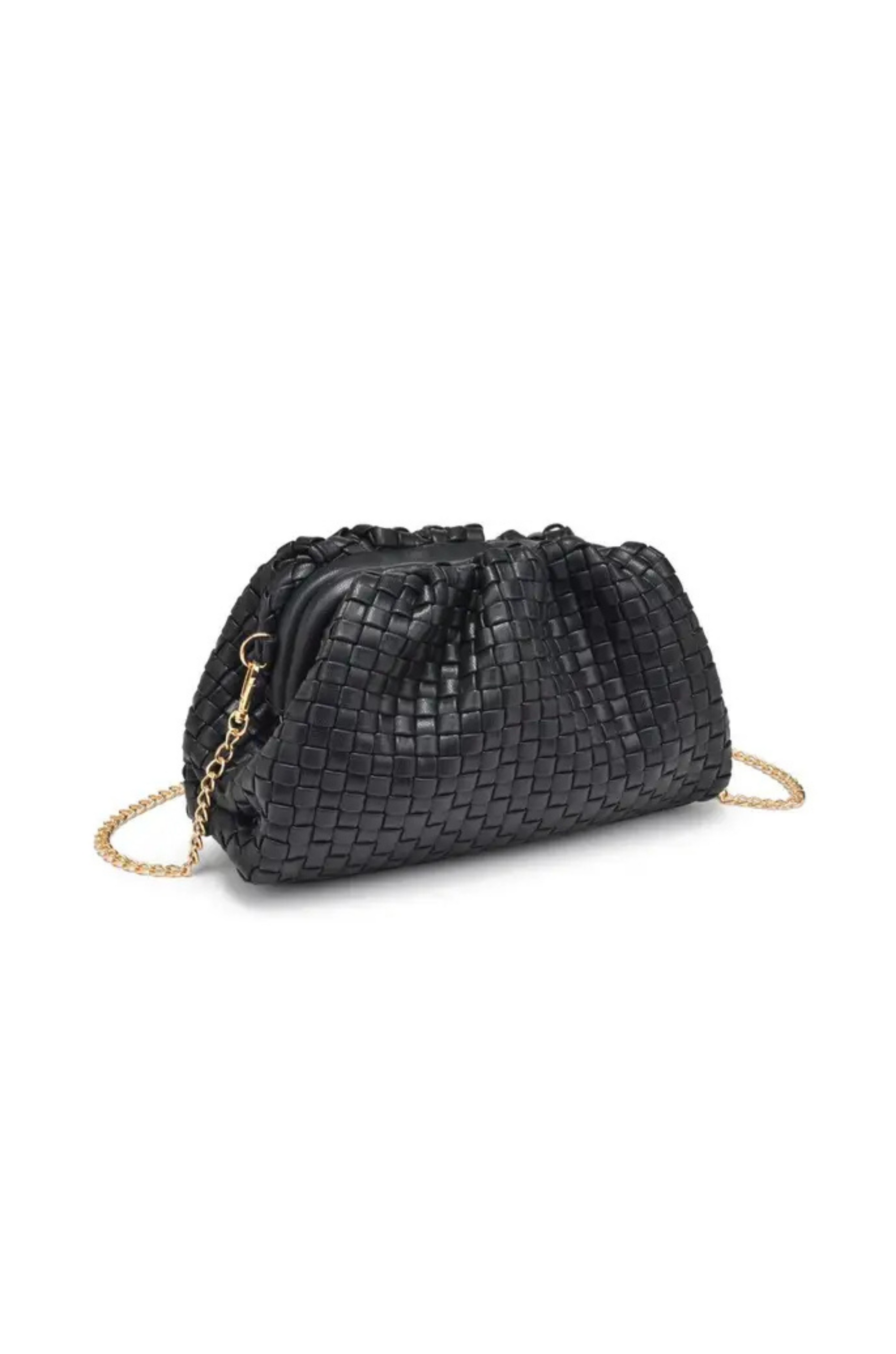 black Woven clutch bag
Detachable chain strap
Snap frame closure
Inner zipper pocket
black bag clutch