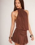 brown Mesh halter neck mini dress
Adjustable neck tie
Ruched bodice
Low back
Lined