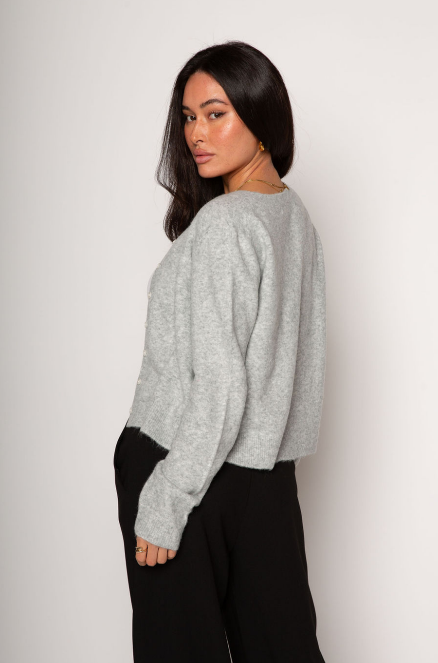 Fuzzy knit cardigan. Front button down closures. Unlined. grey knit cardigan. grey oversized cardigan