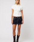 Low-rise denim mini skirt
Comfort stretch denim
Fits true to size
Dark rinse wash
Length: 11.5"
Cotton/Polyester/Elastane