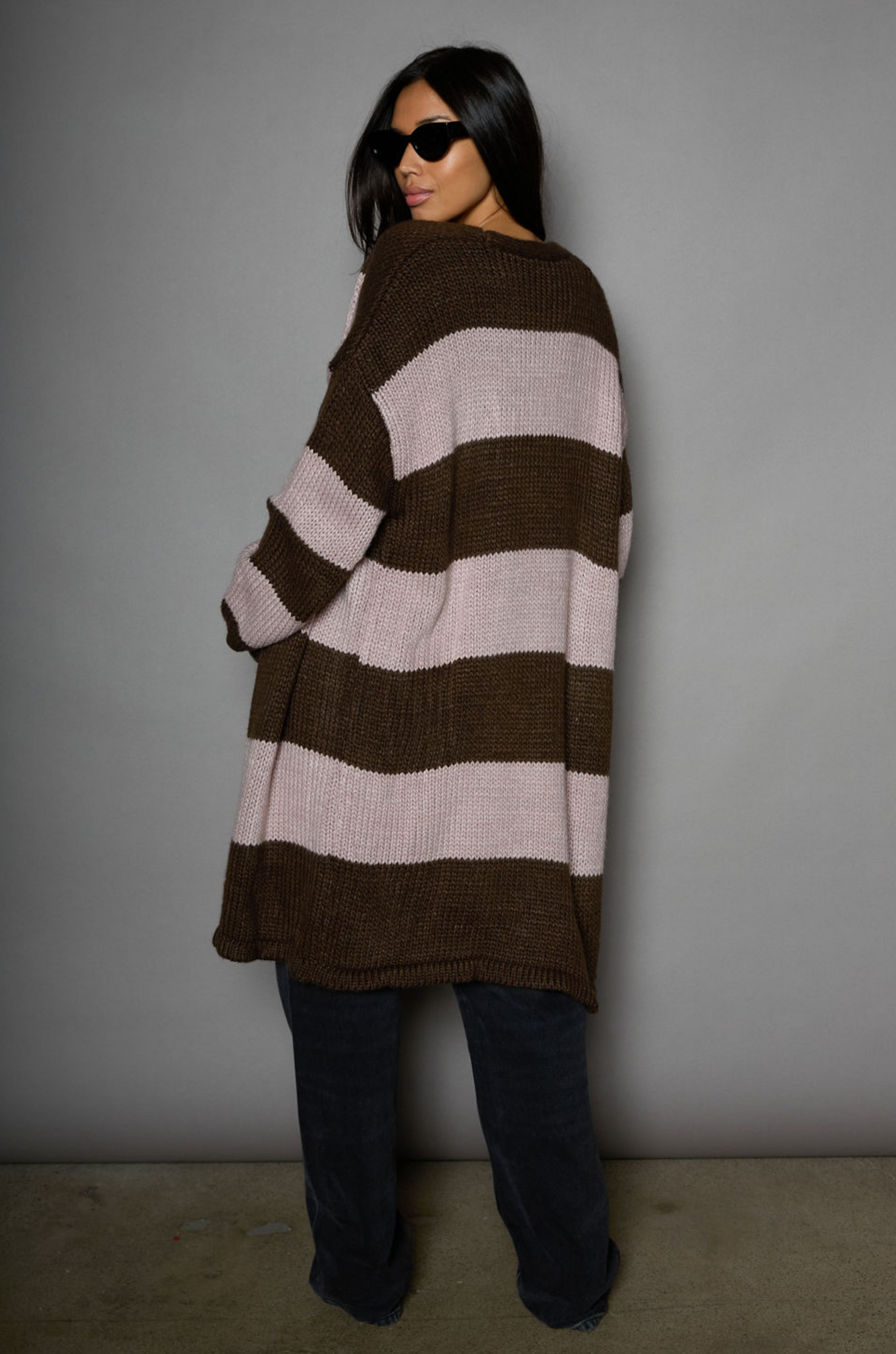 Striped open knit crochet longline cardigan. Long sleeves. Open front. Unlined. striped long knit cardigan. fall outfit. winter outfit. fall cardigan. winter cardigan. layering piece