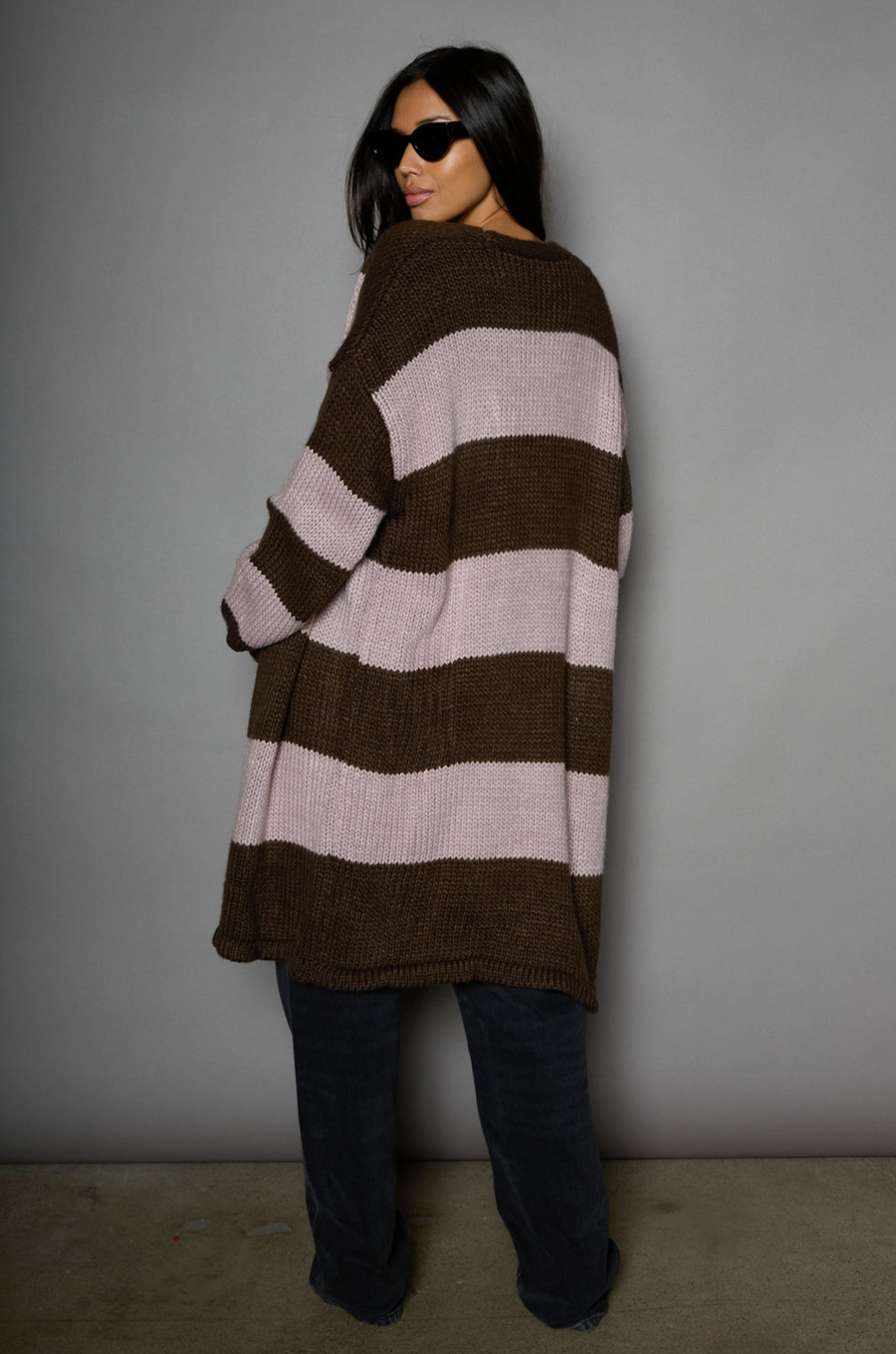 Striped open knit crochet longline cardigan. Long sleeves. Open front. Unlined. striped long knit cardigan. fall outfit. winter outfit. fall cardigan. winter cardigan. layering piece