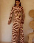 Animal printed long sleeve maxi dress
Front high slit 
Boat neckline
Adjustable back straps 
Open back Back zipper closure 
Lined, non-stretch 
zebra printed maxi dress 
long sleeve maxi dress