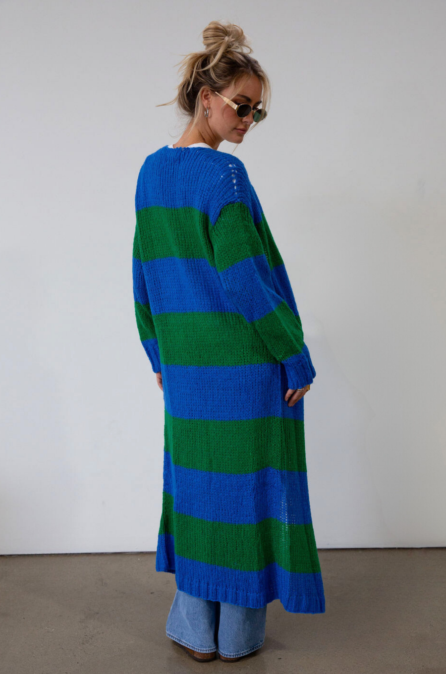 Striped fuzzy crochet knit longline cardigan. Long sleeves. Open front. Unlined. long cardigan. striped cardigan. fall cardigan. fall outfit