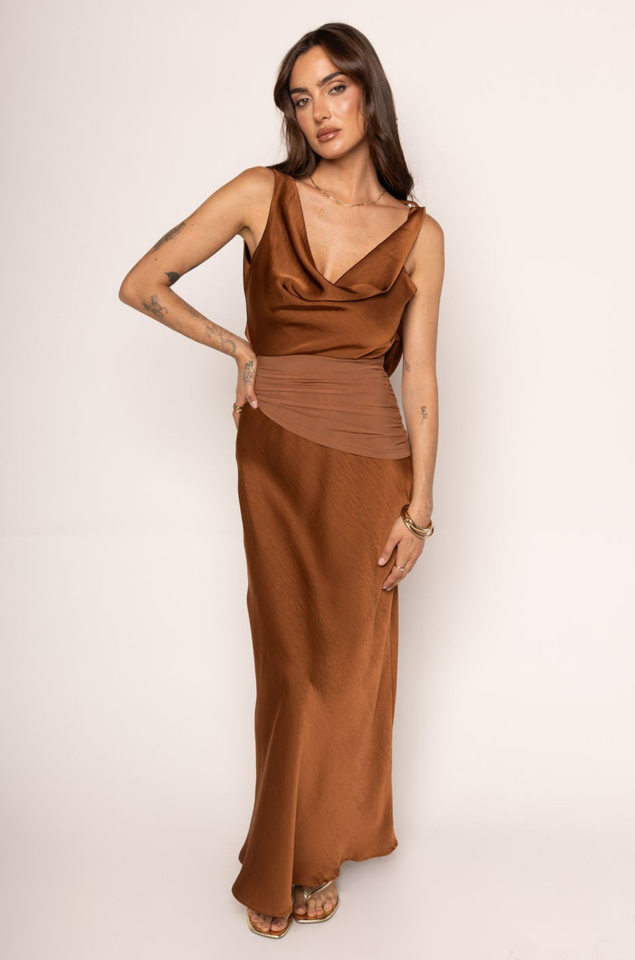 brown Satin maxi dress
Cowl neckline
Mesh waist detail
Low back cowl
Adjustable back tie
Side zipper closure
Partially lined
brown wedding guest dress
fall wedding guest dress
western wear wedding guest dress