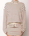 cream and burgundy Striped turtle neck long sleeve top
Fold over turtle neck
Unlined
holiday outfit
striped long sleeve top