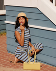 Striped ribbed capri pant
Fold over waistband
Lined
blue and yellow striped capri pant
summer spring outfit