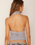 grey Halter neck top
Ruched sides
Sleeveless
Open back
Neck button closure
Lined
fall transition top