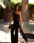 black strapless Mesh jumpsuit
Waist sash
Inner ruber grip lining
Back zipper closure
Lined/Sheer
