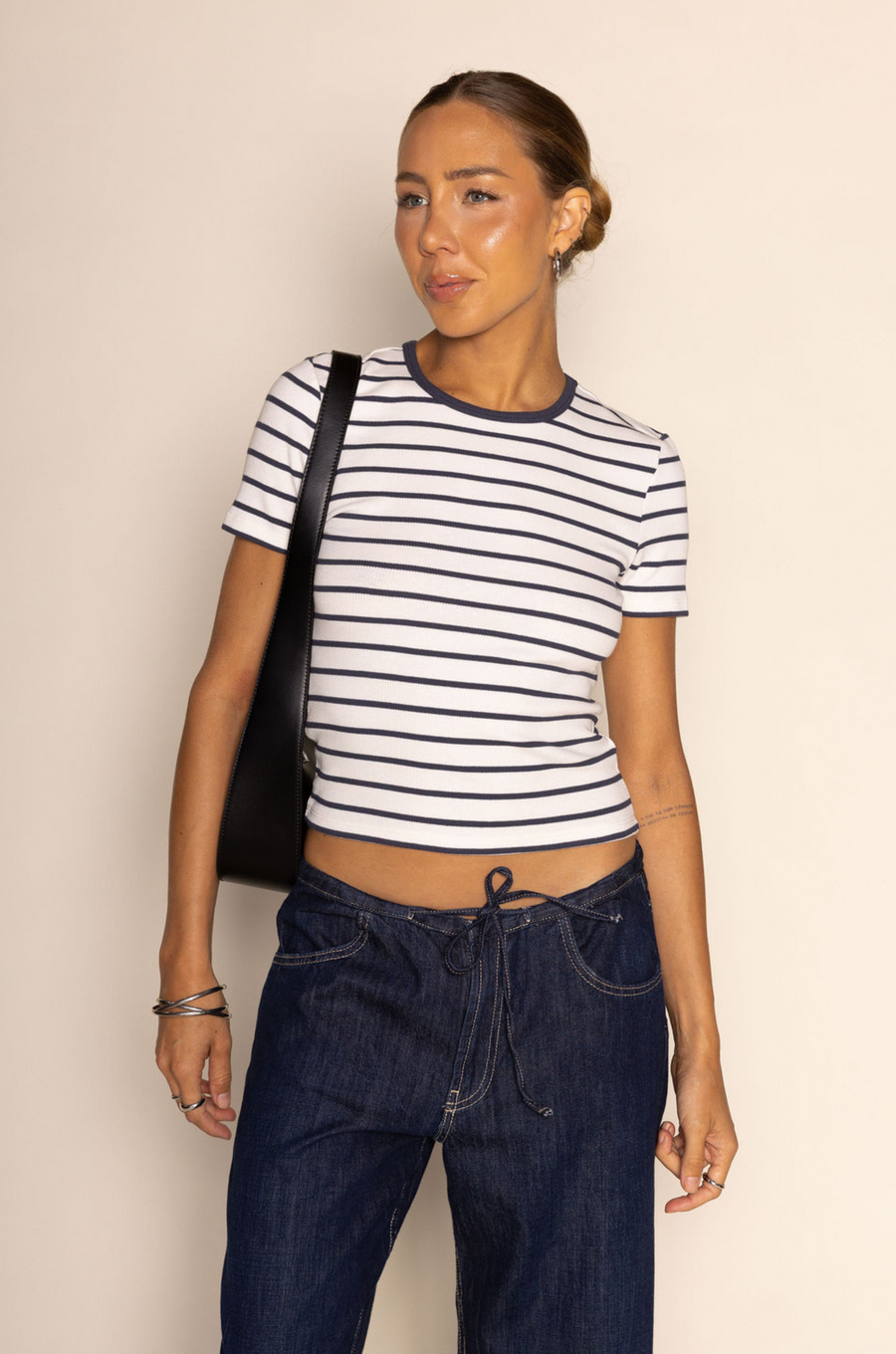 blue and white Striped ribbed short sleeve top
Crewneck
Contrast neckline
summer top t-shirt
fourth of july outfit
fourth of july top