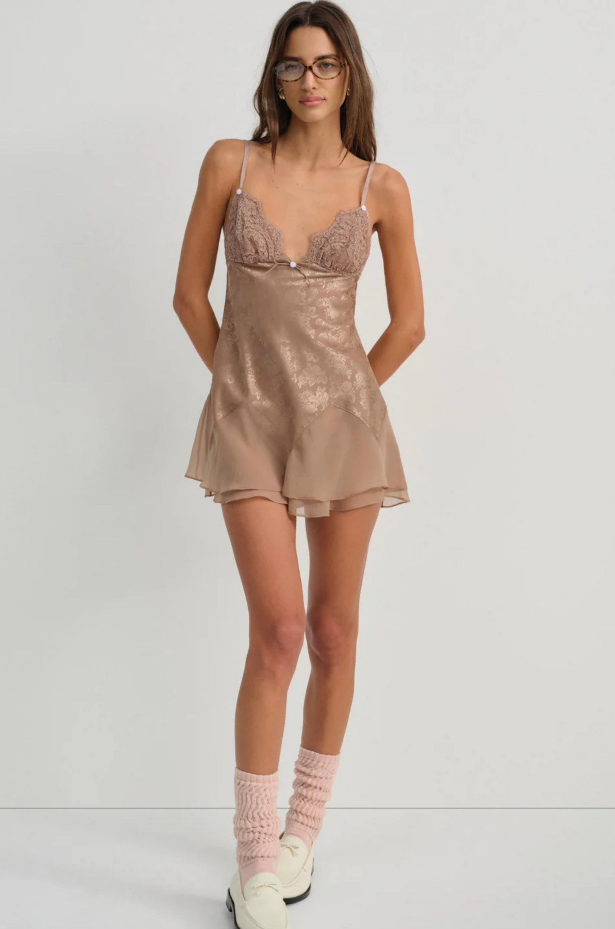 chocolate brown Satin slip dress
Floral jacquard bodice
Lace triangle cups
Chiffon skirt
Adorned with contrast rosettes and a decorative bow at the center-front
Fully lined
Adjustable shoulder straps
Functional keyhole and covered button at back neckline
Polyester/Elastane