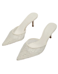 Diamante crystal studded white mesh kitten heels. heels for christmas. holiday look. holiday heels