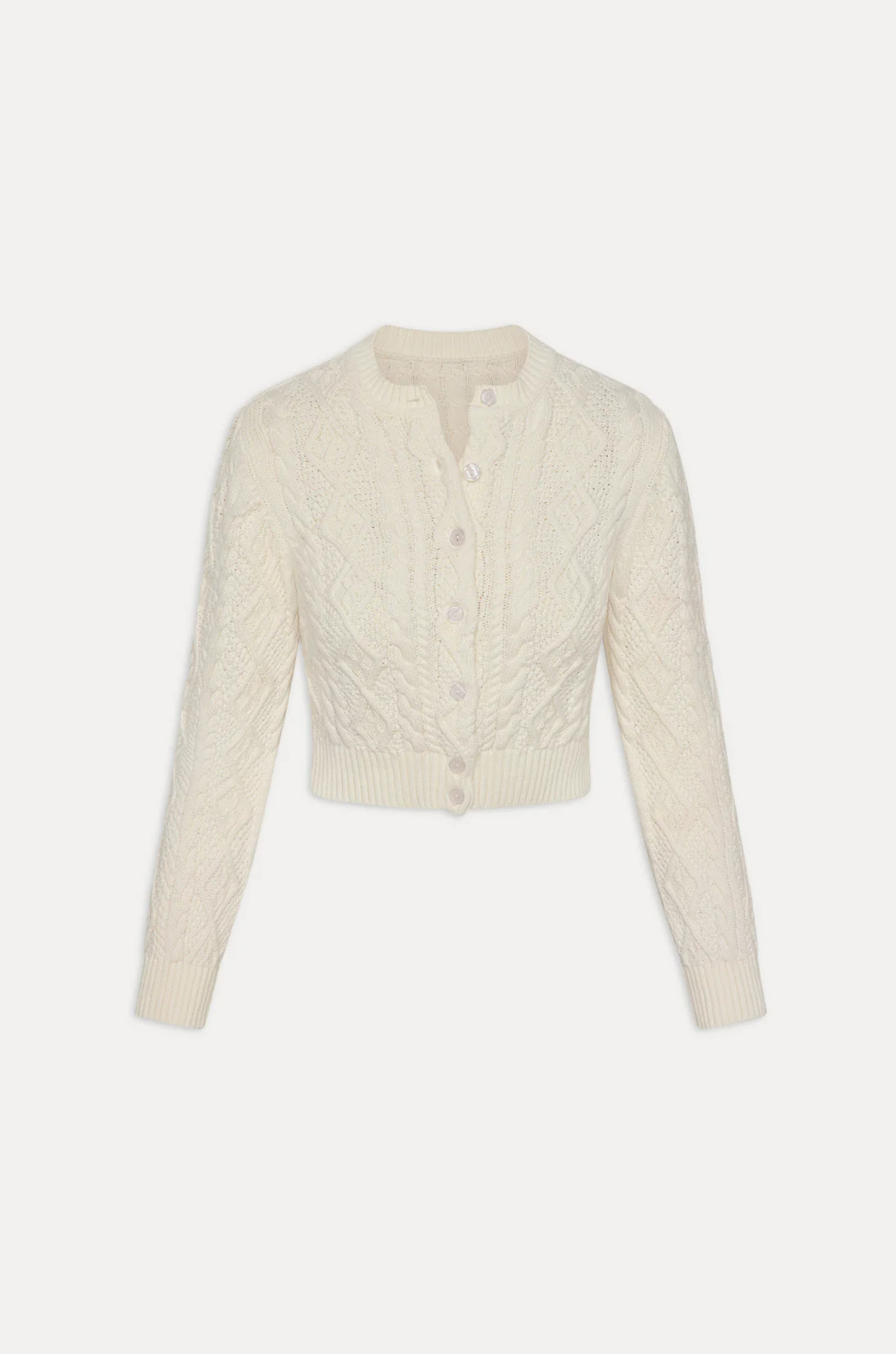 white Cable knit cardigan sweater
Snug feel with a slightly cropped fit
Crafted with custom Frankies Bikinis buttons
Ribbed detailing on hem, sleeve openings, and neckline
Cotton
fall sweater
fall cardigan
fall outfit