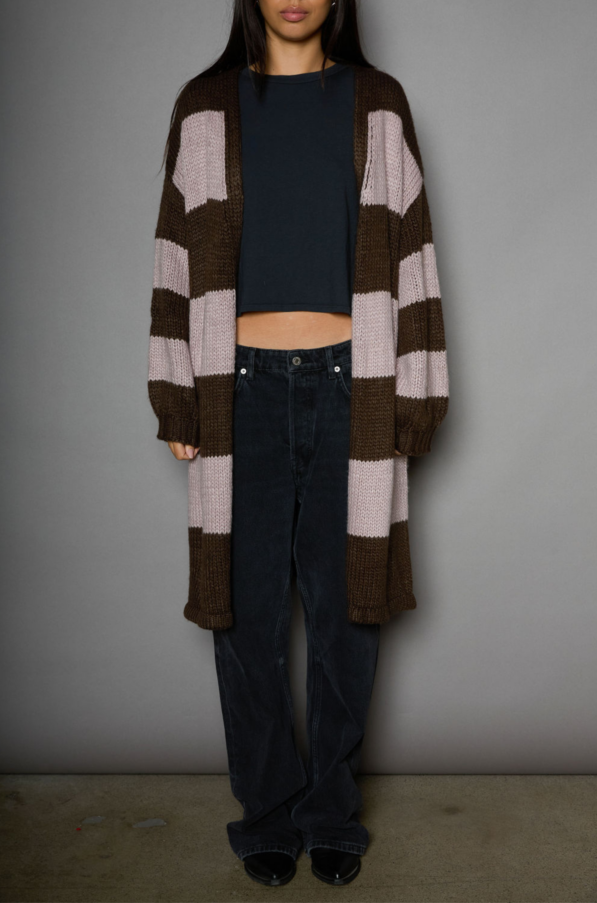 Striped open knit crochet longline cardigan. Long sleeves. Open front. Unlined. striped long knit cardigan. fall outfit. winter outfit. fall cardigan. winter cardigan. layering piece