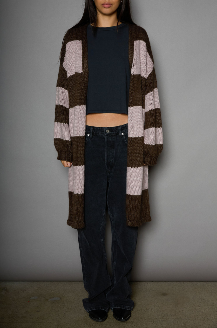 Striped open knit crochet longline cardigan. Long sleeves. Open front. Unlined. striped long knit cardigan. fall outfit. winter outfit. fall cardigan. winter cardigan. layering piece