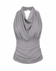 grey Halter neck top
Ruched sides
Sleeveless
Open back
Neck button closure
Lined
fall transition top