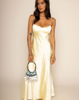 Satin yellow maxi dress
Ruched bust
Adjustable spagehtti straps
Back twist strap
Side zipper closure
Unlined
yellow satin wedding guest dress
yellow satin bridesmaids dress