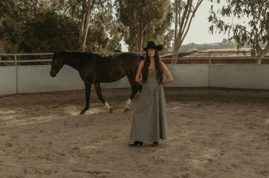 Plaid woven maxi dress. Elastic strapless neckline. Inner rubber grip lining. Elastic smocked back panel. Back hook and eye and zipper closures. Fully lined. Paid maxi dress. ranch outfit. western outfit
