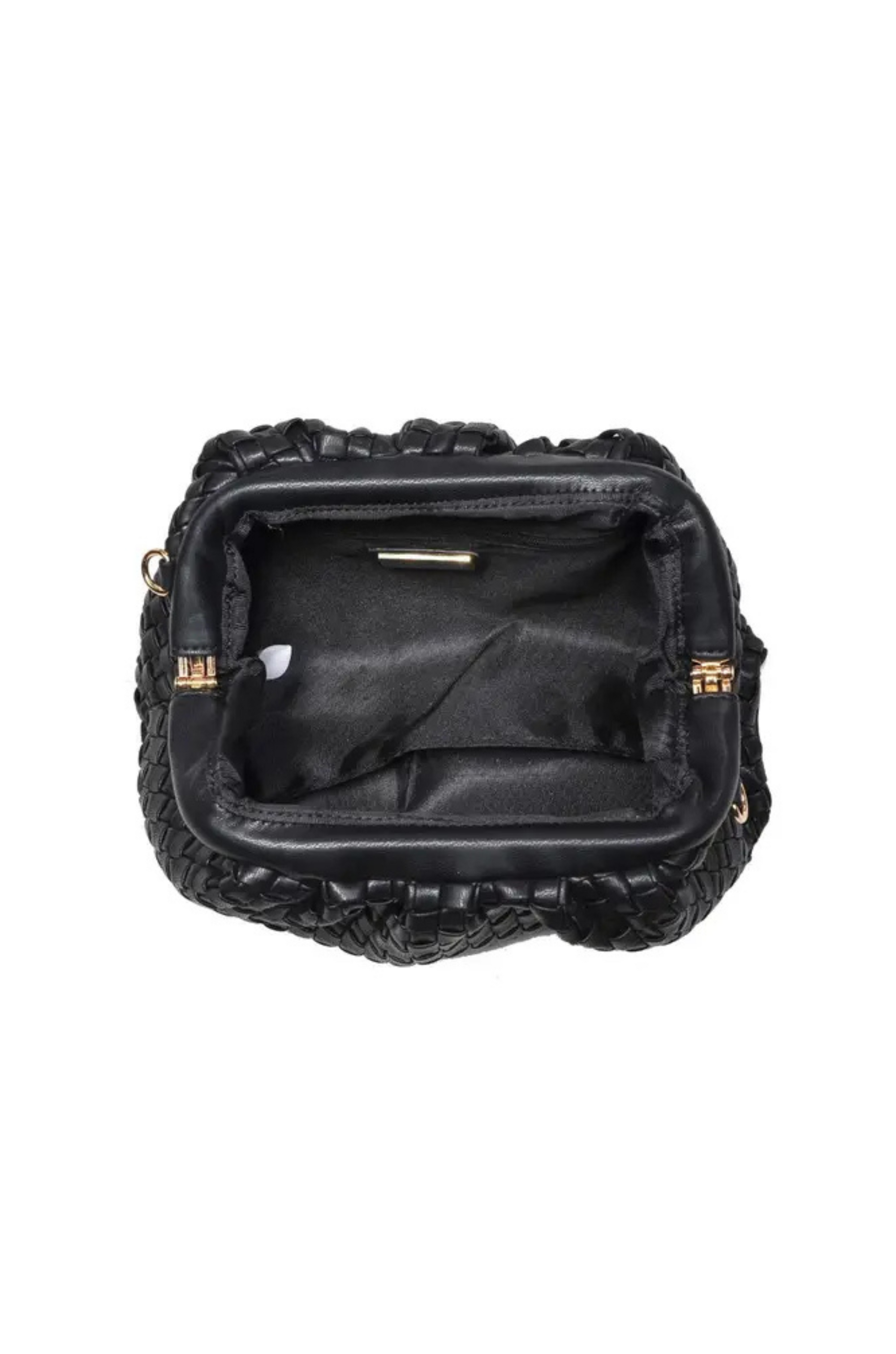 black Woven clutch bag
Detachable chain strap
Snap frame closure
Inner zipper pocket
black bag clutch