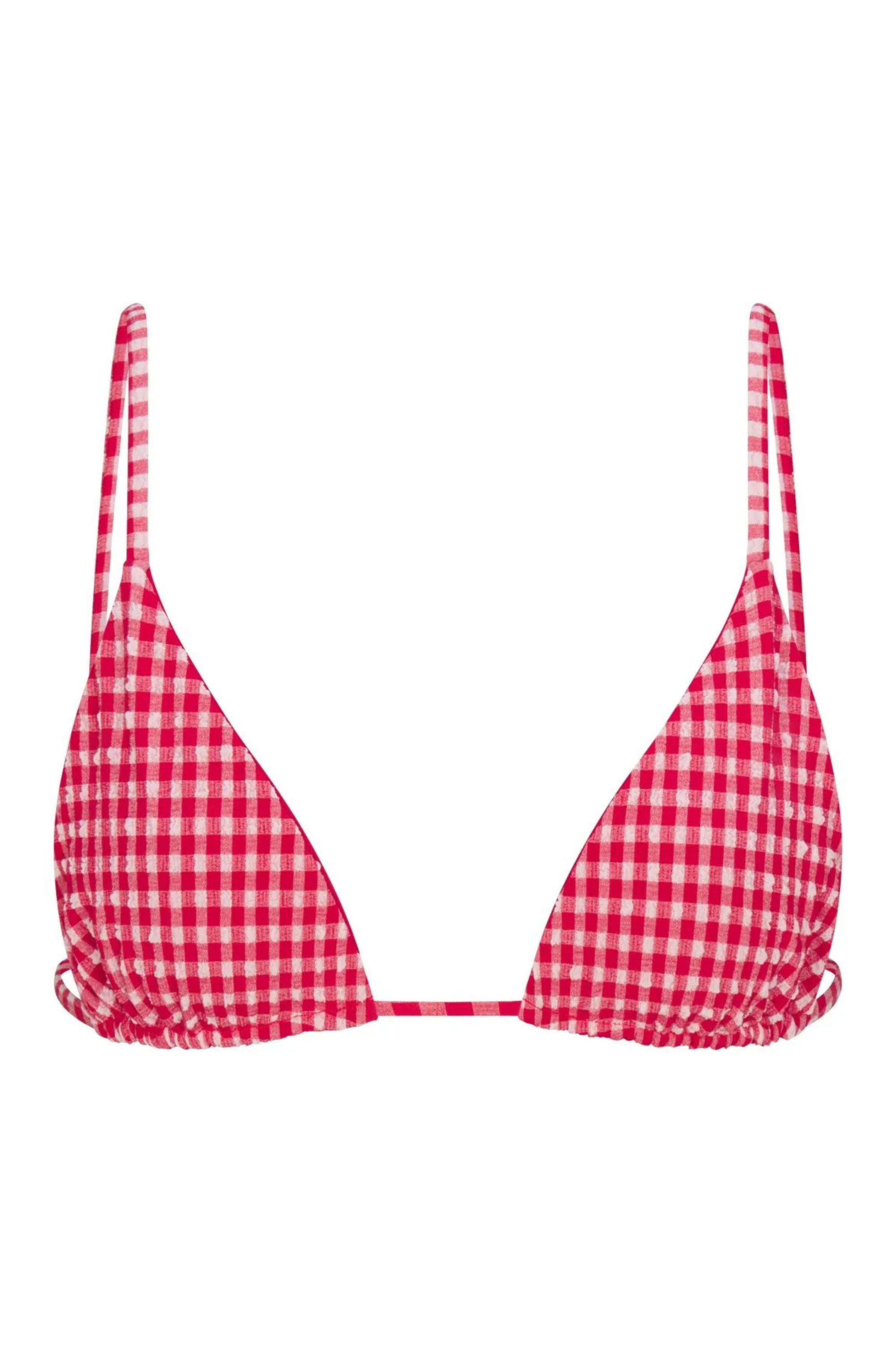 red Gingham printed triangle bikini top
Adjustable over the shoulder straps
Lined
Nylon/Spandex