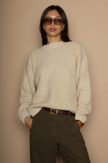 Fuzzy boucle knit sweater. Crewneck. Unlined. beige sweater. fall sweater. winter sweater. bone sweater