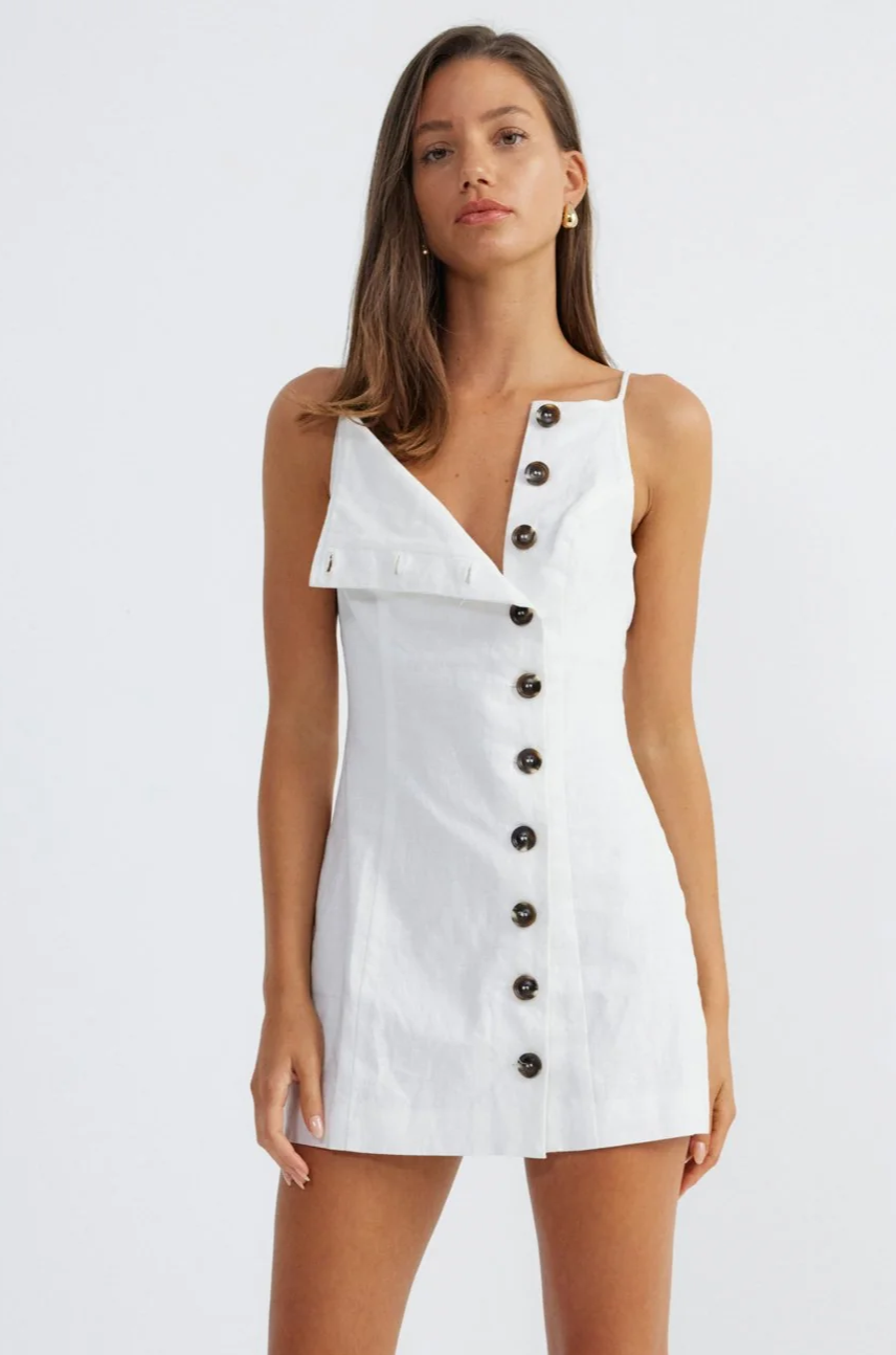 Woven dress. Fixed straps. Front button down closures. Fully lined. Mini dress. White dress. Summer dress. Bridal party dress. Engagement dress. Thin straps