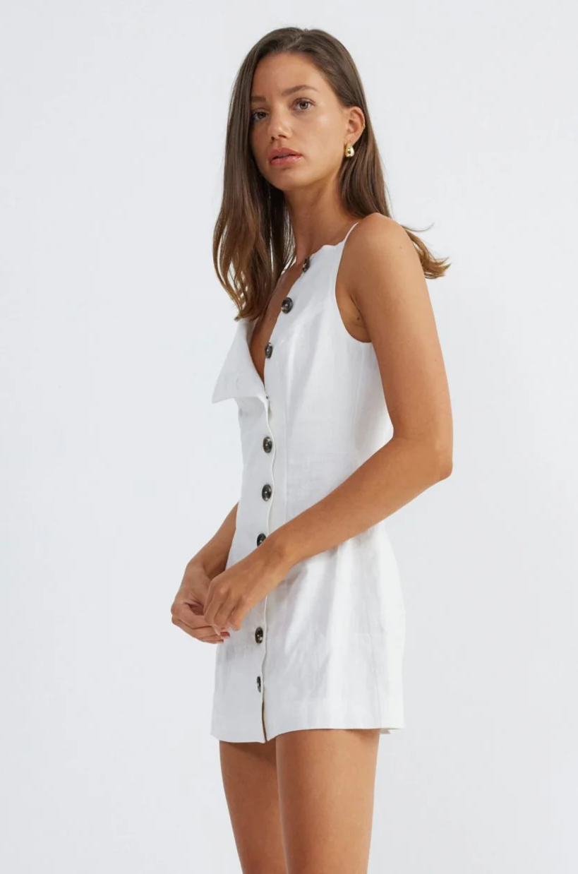 Woven dress. Fixed straps. Front button down closures. Fully lined. Mini dress. White dress. Summer dress. Bridal party dress. Engagement dress. Thin straps