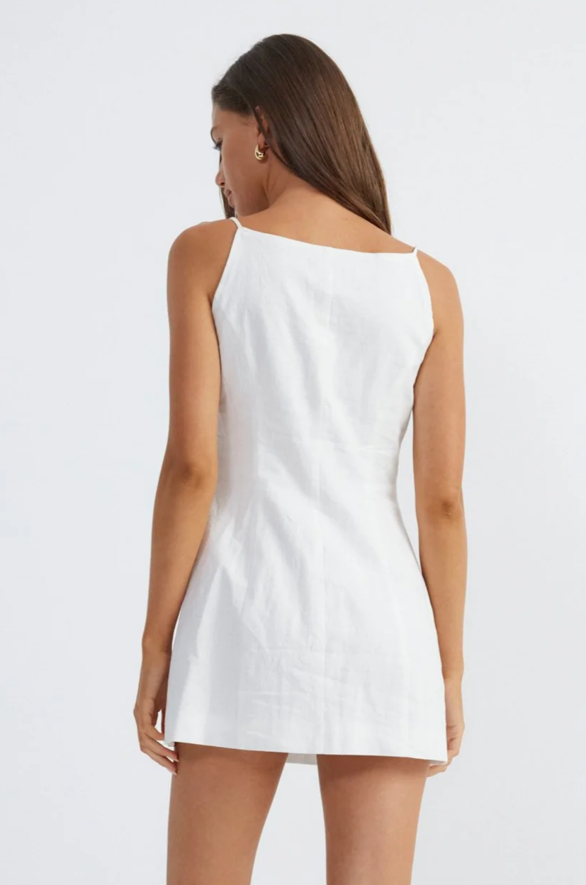 Woven dress. Fixed straps. Front button down closures. Fully lined. Mini dress. White dress. Summer dress. Bridal party dress. Engagement dress. Thin straps
