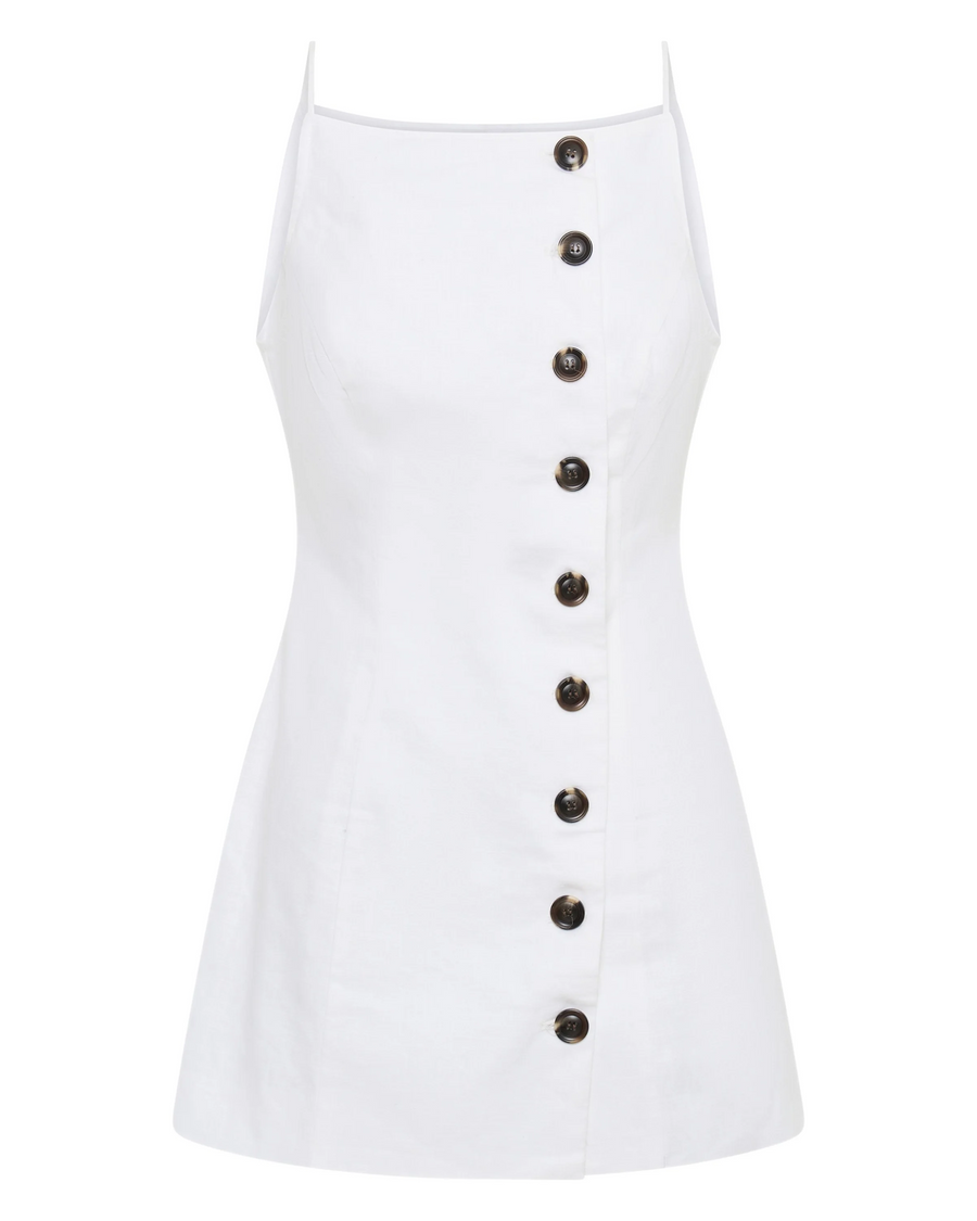 Woven dress. Fixed straps. Front button down closures. Fully lined. Mini dress. White dress. Summer dress. Bridal party dress. Engagement dress. Thin straps