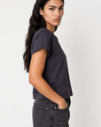 navy blue Crewneck t-shirt top
Short sleeve
Unlined
Cotton/Spandex