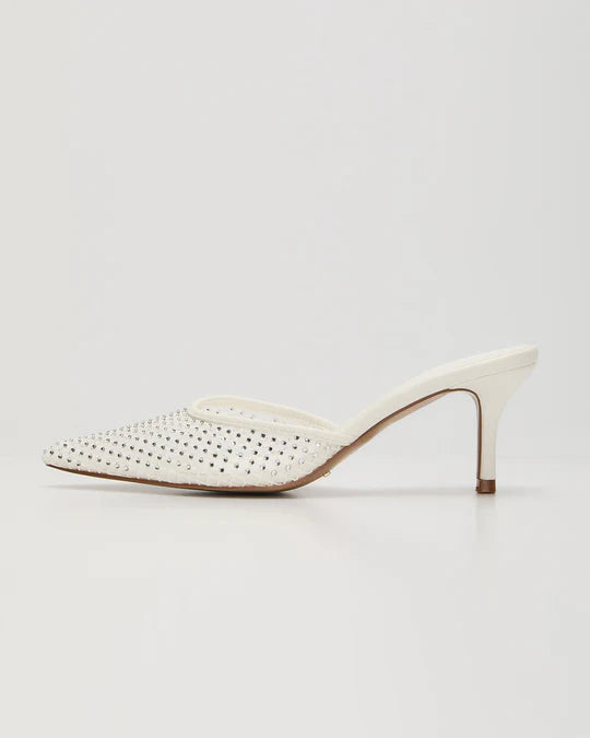 Diamante crystal studded white mesh kitten heels. heels for christmas. holiday look. holiday heels