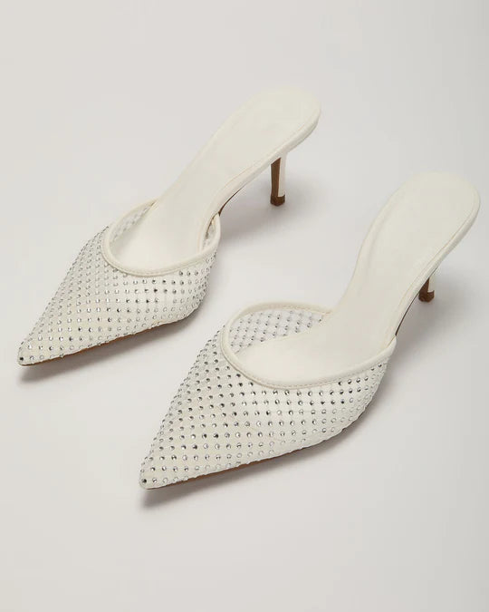 Diamante crystal studded white mesh kitten heels. heels for christmas. holiday look. holiday heels
