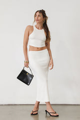 Textured ribbed knit cropped tank top. Racer back. Unlined. Textured ribbed knit maxi skirt. Elastic waist. Unlined. Basic set. white set. cream set. white skirt set. cream skirt set. summer outfit. cute summer outfit