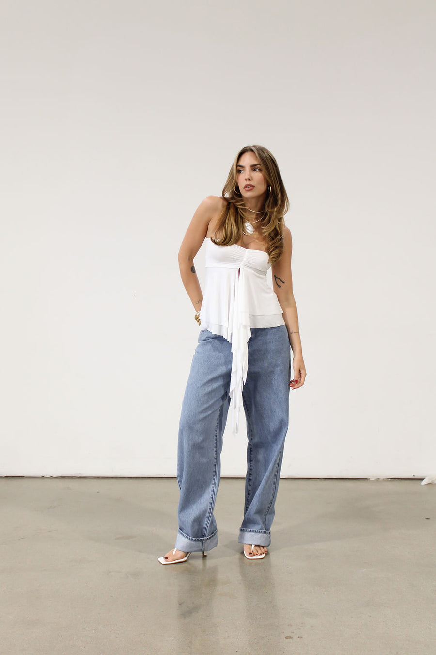 white tube top. ruffle tube top. 