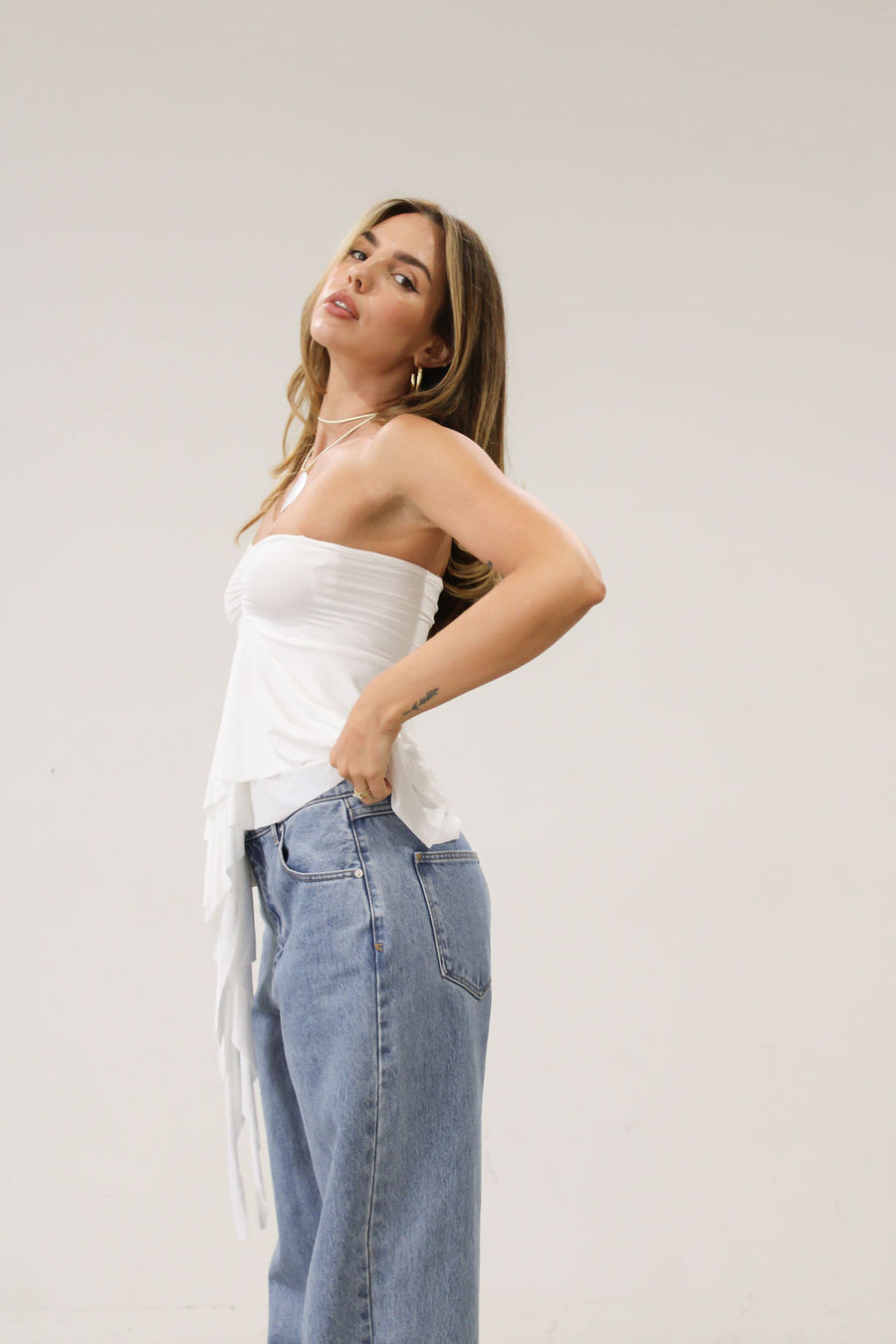 white tube top. ruffle tube top.