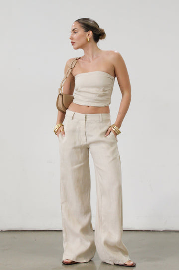 Woven wide leg pants. Hook and eye and zipper fly. Side pockets. Unlined.  tan linen pants. linen pants. everyday throw on pants. business causal pants. vacation set. vacation outfit.