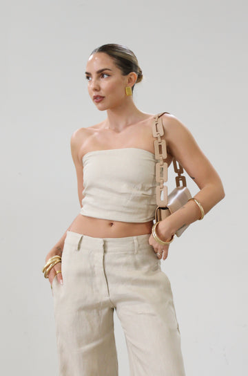 Woven tube top. Elastic smocked back. Fully lined. tan linen tube top. tan linen top. outfit to wear on vacation. minimal tube top. minimal top