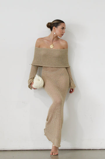Textured open knit maxi dress. Elastic neckline. Off the shoulder long sleeves. Unlined. beach vacation dress. dress to wear to mexico. dress to wear to miami. beach vacation dress. tan knit dress. tan off the shoulder dress