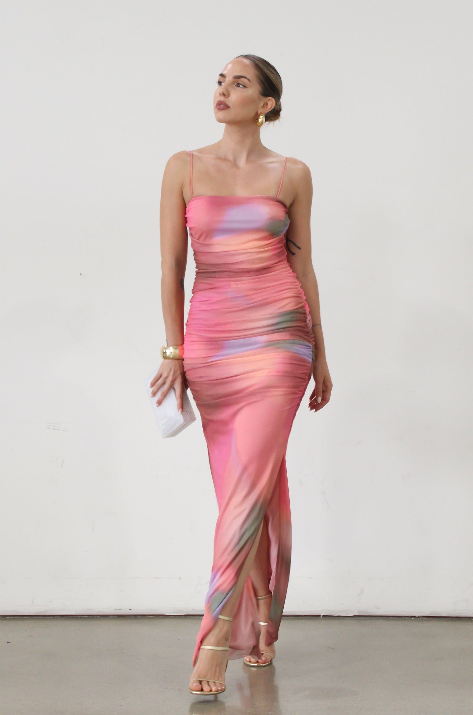 Knit mesh maxi dress. Elastic straps. Ruched sides. Side slits. Elastic back. Fully lined. Pink maxi dress. pink tie dye maxi dress. side slit dress. wedding guest dress