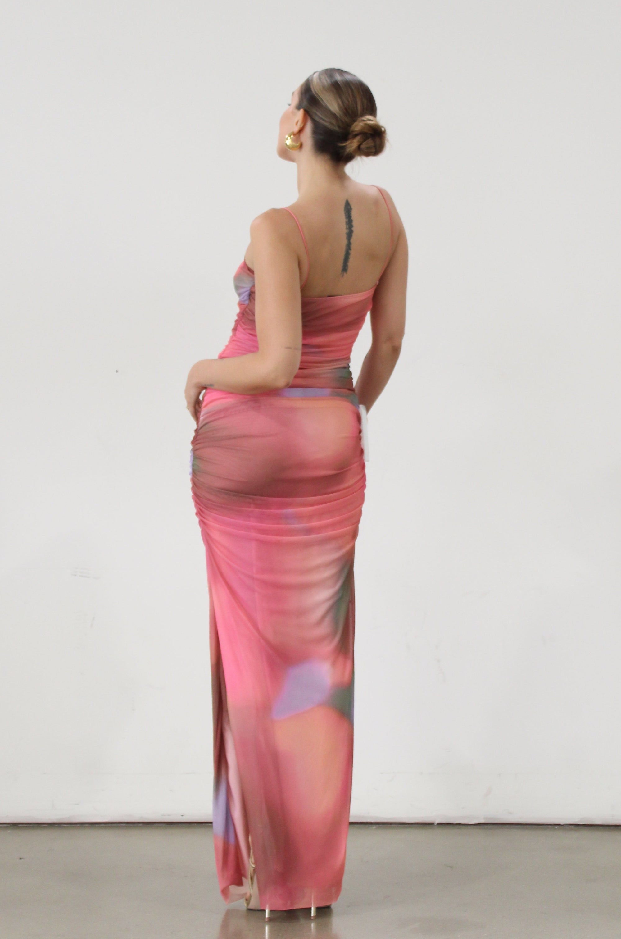 Knit mesh maxi dress. Elastic straps. Ruched sides. Side slits. Elastic back. Fully lined. Pink maxi dress. pink tie dye maxi dress. side slit dress. wedding guest dress