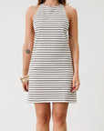 Striped knit dress. Sleeveless. Racerback. Unlined. Black and white stripes