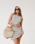 Striped knit dress. Sleeveless. Racerback. Unlined. black and white  