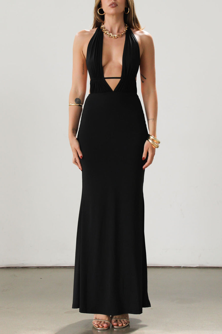 Knit maxi dress. Halter neckline. Back tie closure. Elastic back. Fully lined. Open back dress. Deep v dress. Black dress. Guest wedding dress.