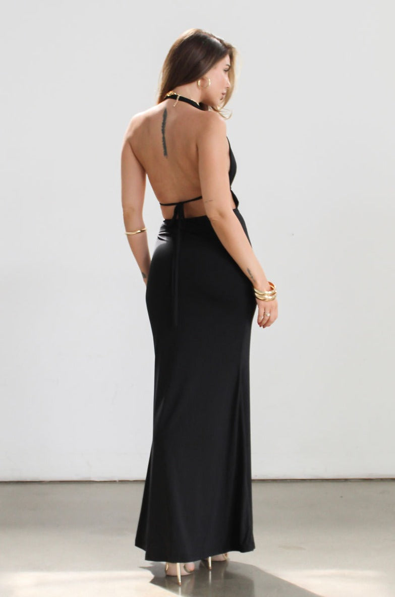 Knit maxi dress. Halter neckline. Back tie closure. Elastic back. Fully lined. Open back dress. Deep v dress. Black dress. Guest wedding dress.