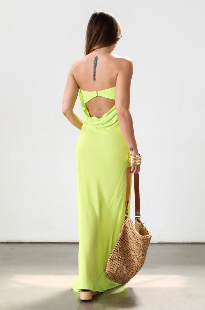 Strapless woven maxi dress. Elastic neckline. Back S-hook closure. Back cut out. Unlined. Neon green dress. Summer dress. Open back dress