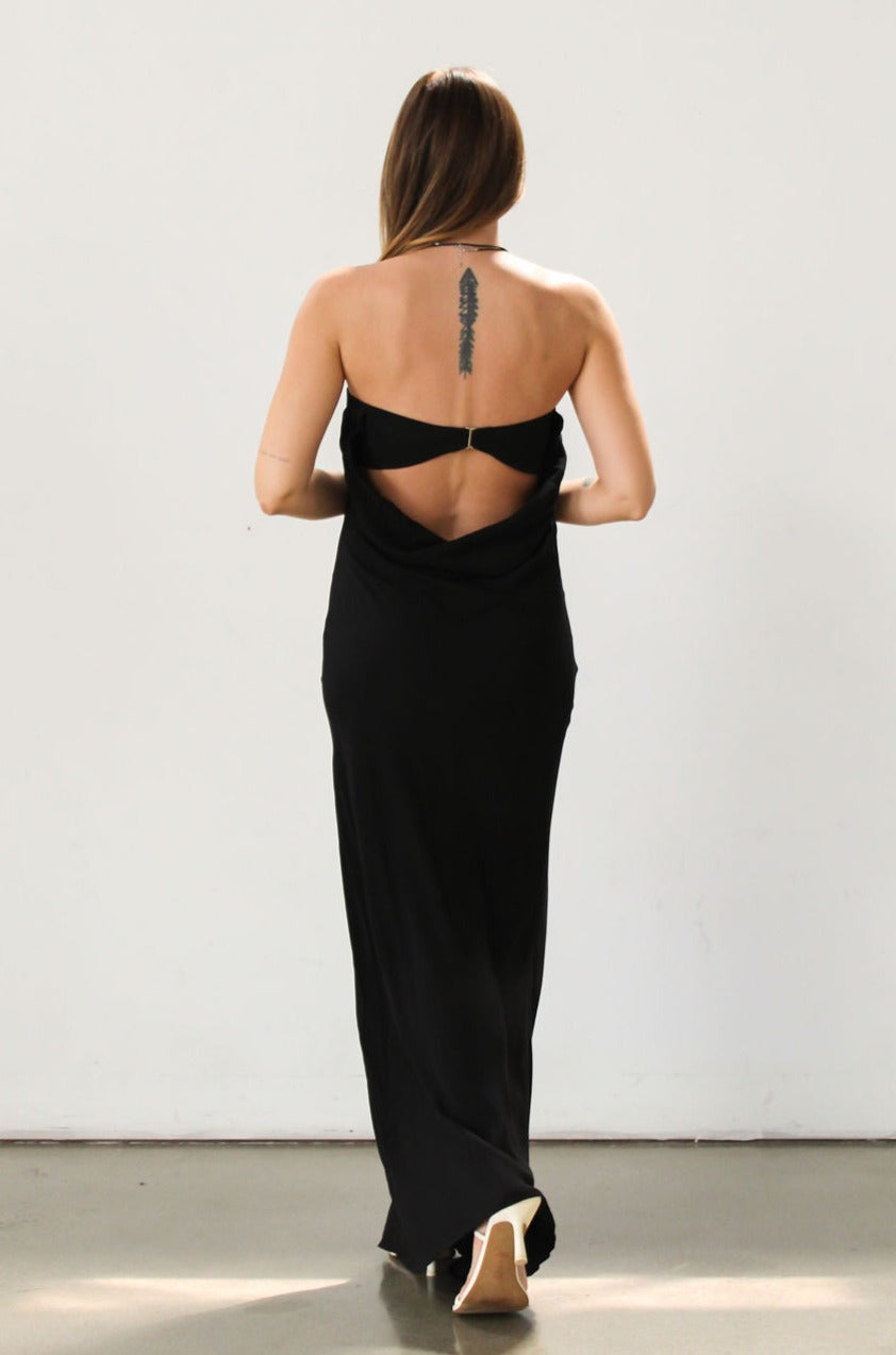Strapless woven maxi dress. Elastic neckline. Back S-hook closure. Back cut out. Unlined. Guest wedding dress. Black tie dress. Black dress. Open back.