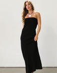 Strapless woven maxi dress. Elastic neckline. Back S-hook closure. Back cut out. Unlined. Guest wedding dress. Black tie dress. Black dress. Open back.