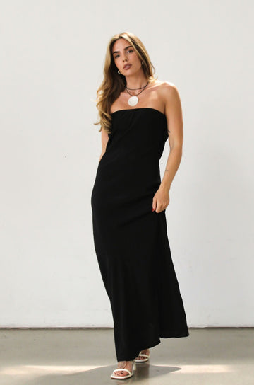 Strapless woven maxi dress. Elastic neckline. Back S-hook closure. Back cut out. Unlined. Guest wedding dress. Black tie dress. Black dress. Open back.