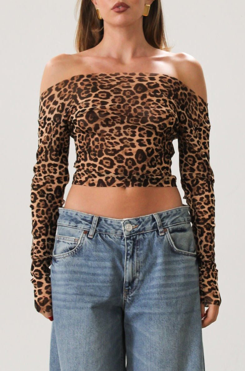 Animal printed knit mesh crop top. Long sleeves. Unlined/sheer. Cheetah top. Leopard top. Going out top. Off the shoulder top