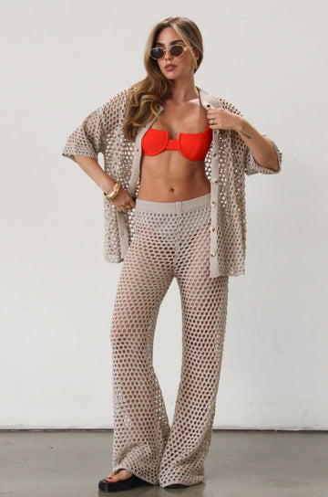 Open knit crochet pants. Elastic waistband. Unlined/sheer. Beach coverup. Pool coverup. Tan oat bottoms